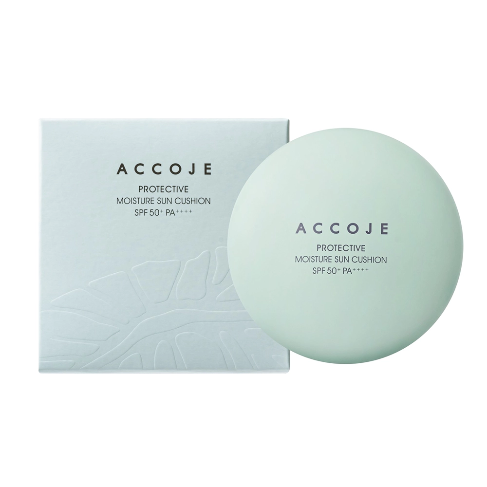 Η συσκευασία και το κουτί του Accoje Protective Moisture Sun Cushion SPF50 PA++++.