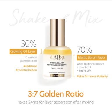 Το μπουκάλι του d’Alba White Truffle Double Layer Revitalizing Serum 30ml με πολλές πληροφορίες γύρω του.