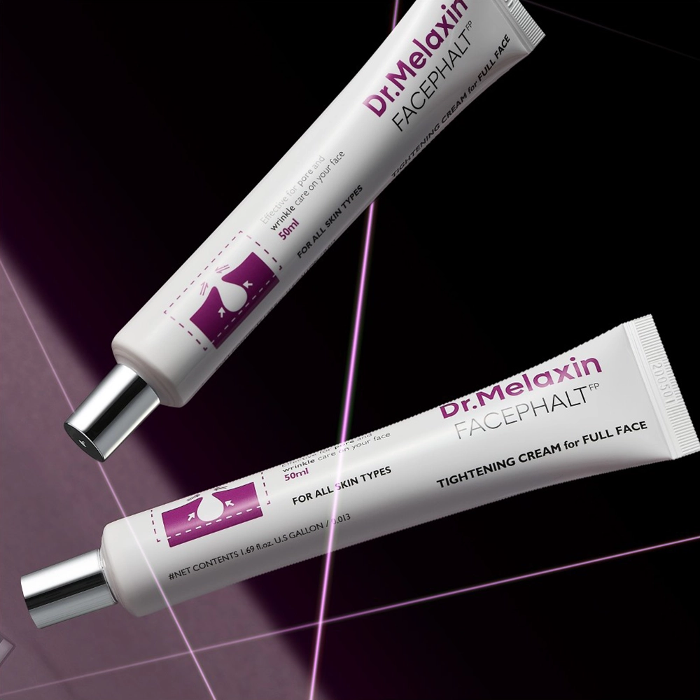 Δύο σωληνάρια Dr. Melaxin Facephalt Tightening Cream, με 3, μοβ ακτίνες λέιζερ, σε μαύρο φόντο.