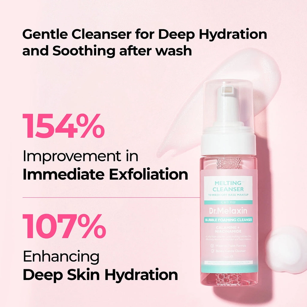 Το μπουκάλι Dr. Melaxin Melting Cleanser, με μία πνελιά προϊόντος και μία αφρού, με πληροφορίες δίπλα.