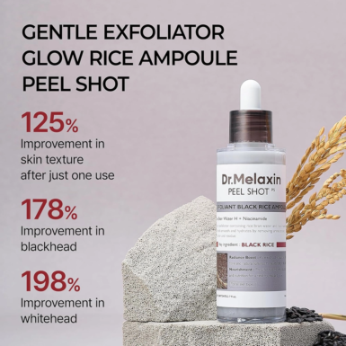 Το μπουκάλι Dr. Melaxin Peel Shot Exfoliant Black Rice Ampoule πάνω σε μία πέτρα, με στάρια από πίσω του, λίγο μαύρο ρύζι δίπλα του, μαζί με πληροφορίες.