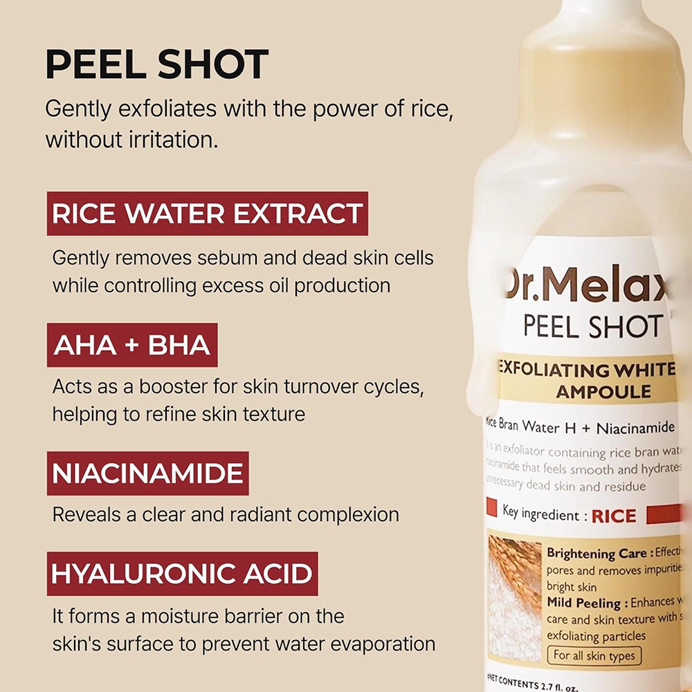 Το μπουκάλι Dr. Melaxin Peel Shot Glow White Rice Toner, με προϊόν να τρέχει πάνω του, και δίπλα πληροφορίες.