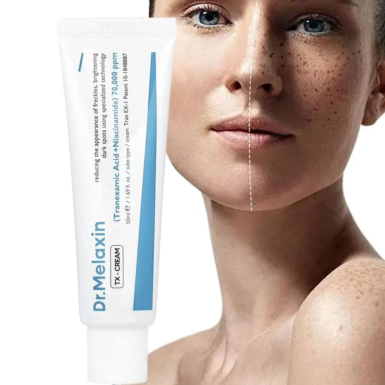 Το σωληνάριο, Dr. Melaxin TX Cream, μπροστά από μία γυναίκα, που το πρόσωπο της χωρίζεται στα δύο. Η μία πλευρά είναι πριν τη χρήση της κρέμας, με δυσχρωμίες και η άλλη μετά την χρήση, δείχνει την επιδερμίδα καθαρή.