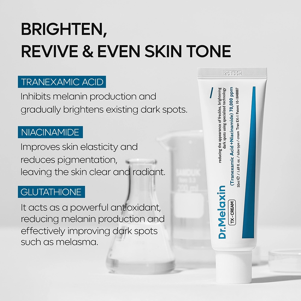 Το σωληνάριο, Dr. Melaxin TX Cream, ανάμεσα από χημικούς, γυάλινους σωσλήνες και πληρφορίες δίπλα.