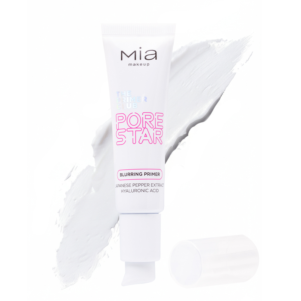 Το MIA Pore Star Primer, μπροστά από μία πινελιά του προϊόντος.
