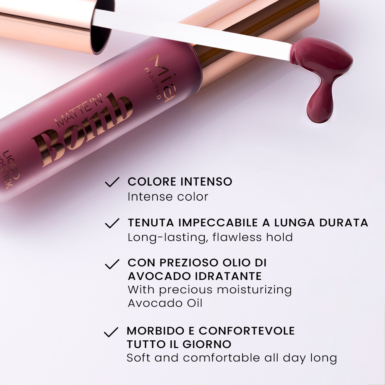 Μία ανοιχτή συσκευασία του MIA Matte 'N Bomb Liquid Lipstick, με το πινέλο να στάζει χρώμα και πληροφορίες του προϊόντος.