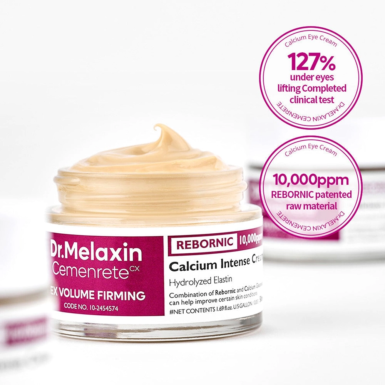 Ένα βάζο Dr. Melaxin Cemenrete Calcium Volume Cream, ανοιχτό, με πληροφορίες δίπλα.