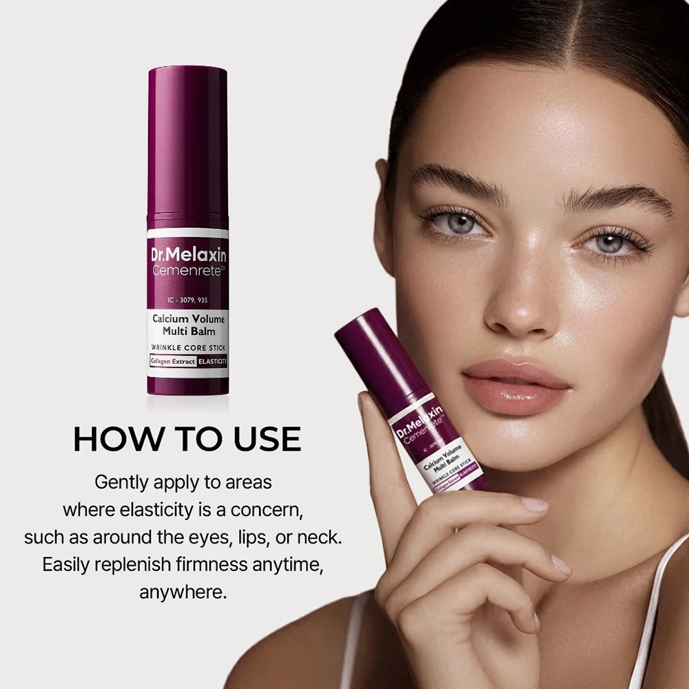 Μία κοπέλα κρατάει το Dr. Melaxin Cemenrete Calcium Volume Multi Balm και δίπλα γράφει πληροφορίες για το πως το χρησιμοποιείς.