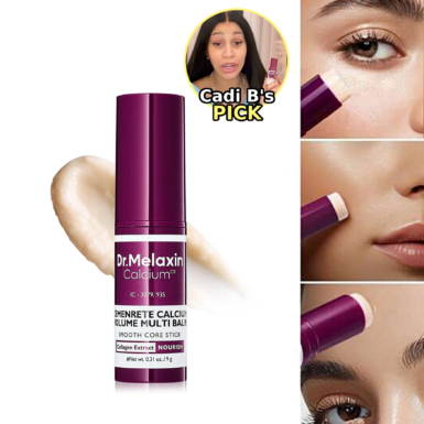 Το Dr. Melaxin Cemenrete Calcium Volume Multi Balm, δίπλα από 3 φωτογραφίες που δείχνουν, σε ποια σημεία εφαρμόζεται το προϊόν και μία που δείχνει ότι το χρησιμοποιεί η Cardi B.