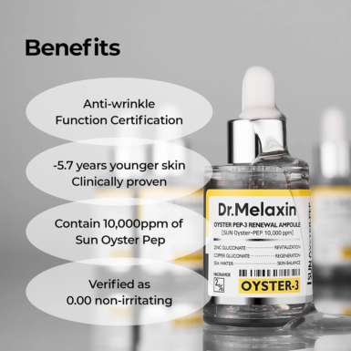 Το μπουκαλάκι Dr. Melaxin Oyster Peptide Serum, δίπλα από πληροφορίες για το προϊόν.