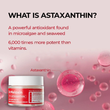 Το βάζο Dr. Melaxin TX Astaxanthin Anti-Dark Spot & Brightening Capsule Cream, δίπλα από πληροφορίες για τα συστατικά του.