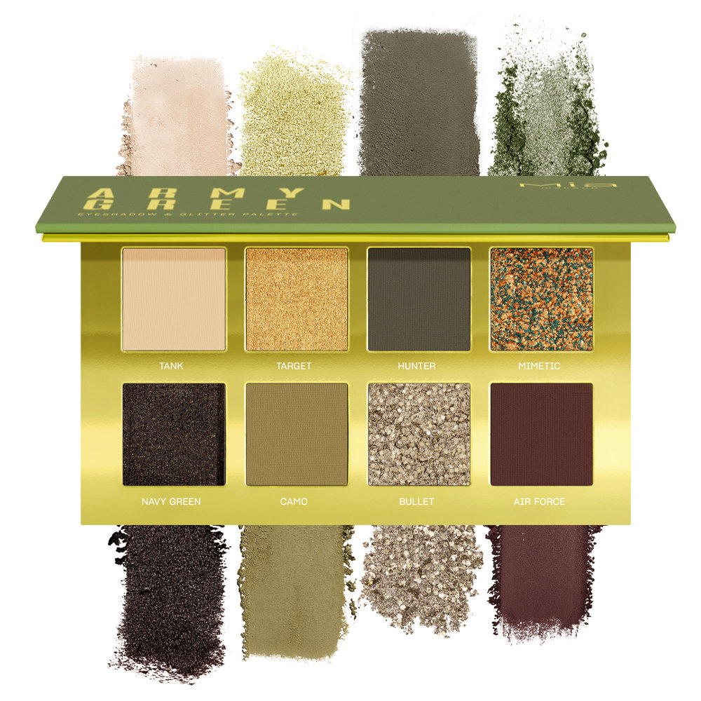 H συσκευασία MIA Eye Palette Army Green, με τις αποχρώσεις να βγαίνουν προς τα έξω.