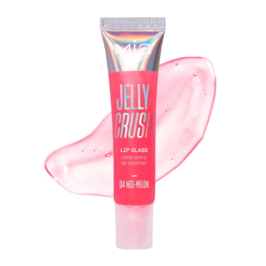 Η συσκευασία MIA Jelly Crush Lip Gloss 04 Neo Melon, μπροστά από μία πινελιά του προϊόντος.