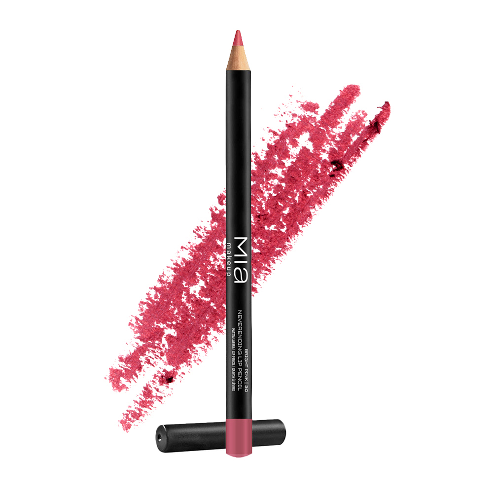 Το μολύβι MIA Neverending Lip Pencil Bright Pink, μπροστά από γραμμές με το χρώμα του.