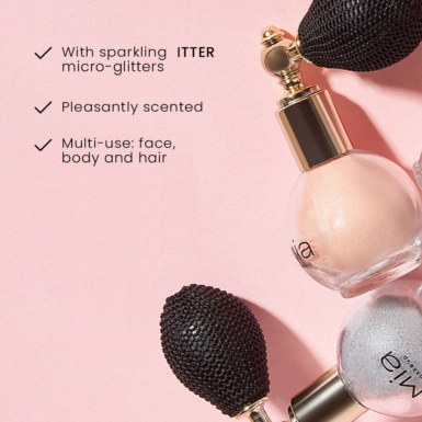 2 συσκευασίες MIA Sparkling Powder, με πληροφορίες δίπλα.