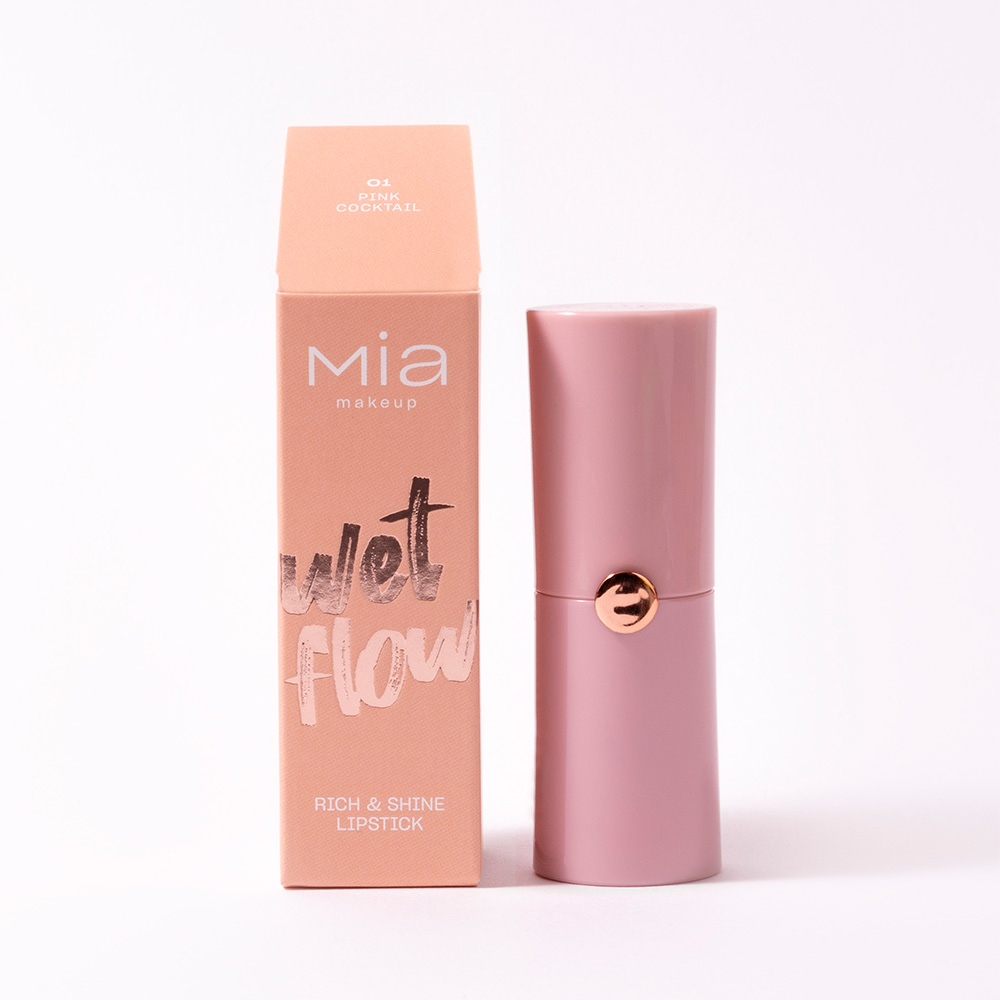 Η συσκευασία MIA Wet Flow Lipstick 01-Pink Cocktail και το κουτί.